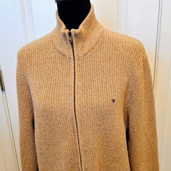 Tommy Hilfiger Thick Warm Sweater Full Zip Tan Cotton Mock Neck Size XL
